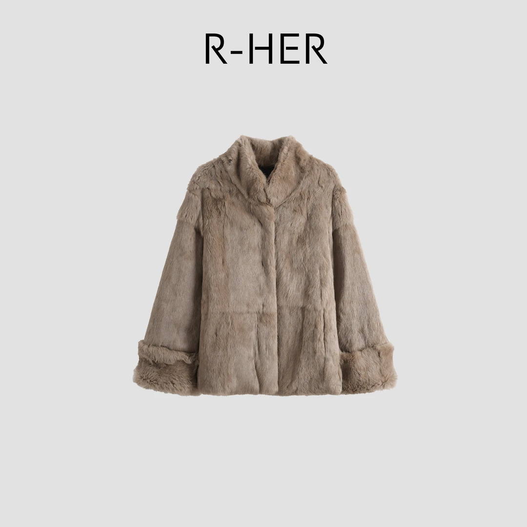 R-HER“月光手书”静奢兔毛霜色加厚保暖宽松立领皮草外套RP5NCR131