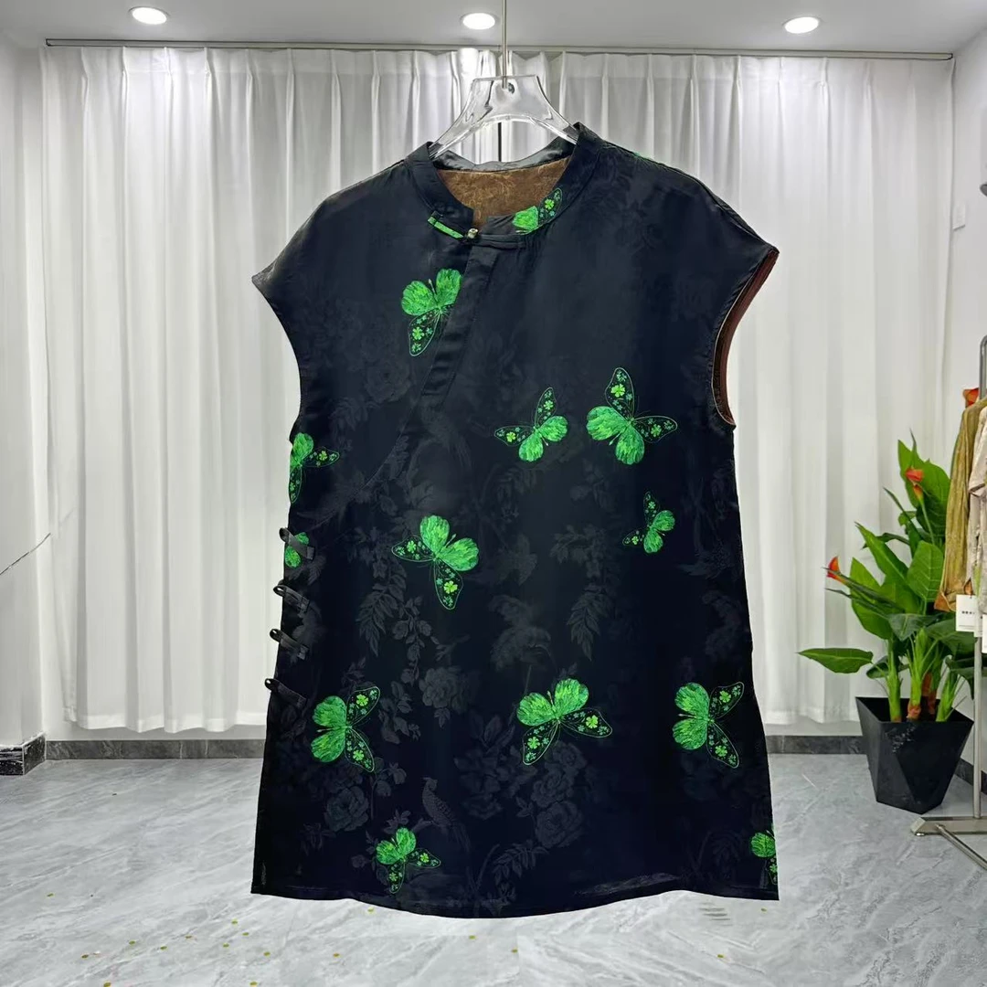 353复古短袖薄款斜襟圆领短款提花上衣时尚双层时髦无袖重工