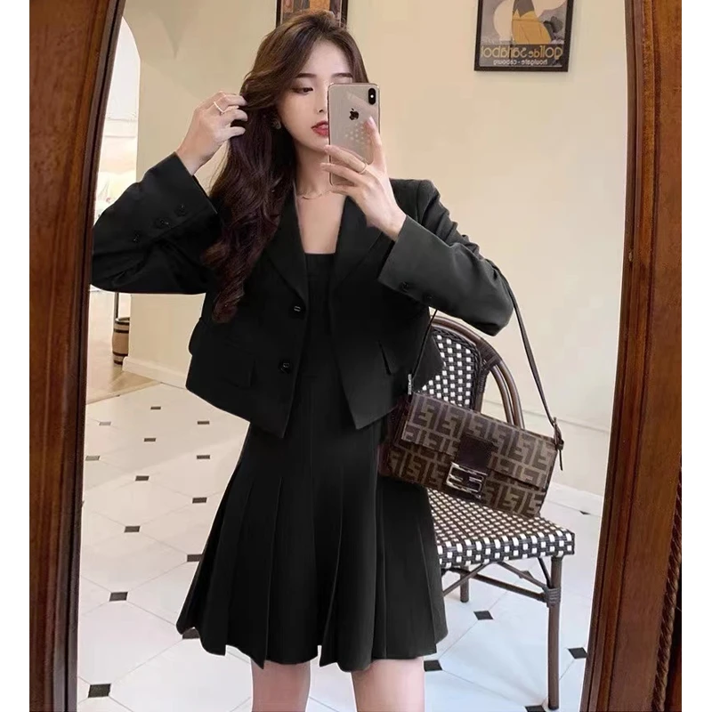【朵拉】大码女装春装气质小香风套装西装外套春季韩剧吊带裙两件套