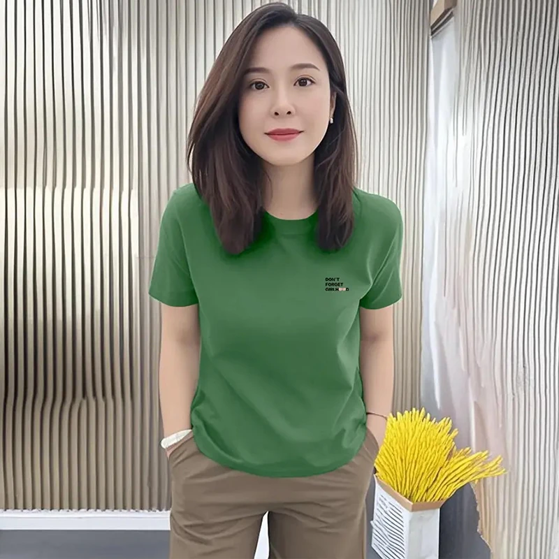 休闲圆领印花设计感短袖t恤女2025年夏季新款宽松洋气修身上衣潮