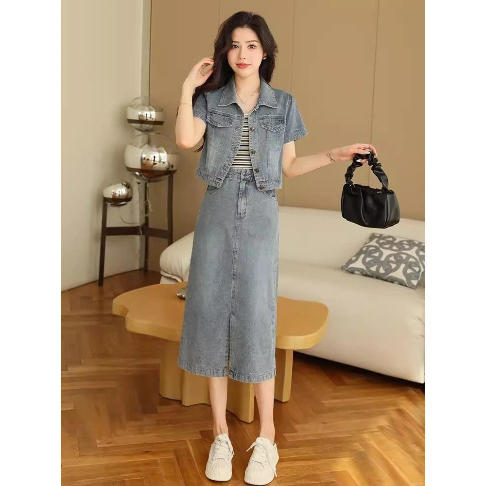 时尚牛仔半身长裙套装女夏2024新款洋气减龄牛仔短外套薄款两件套