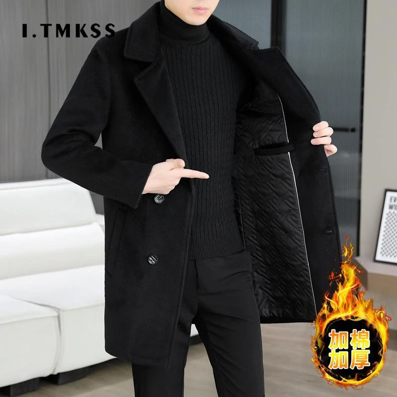 毛呢外套男士中长款西装领风衣冬季加棉加厚休闲羊毛呢子大衣