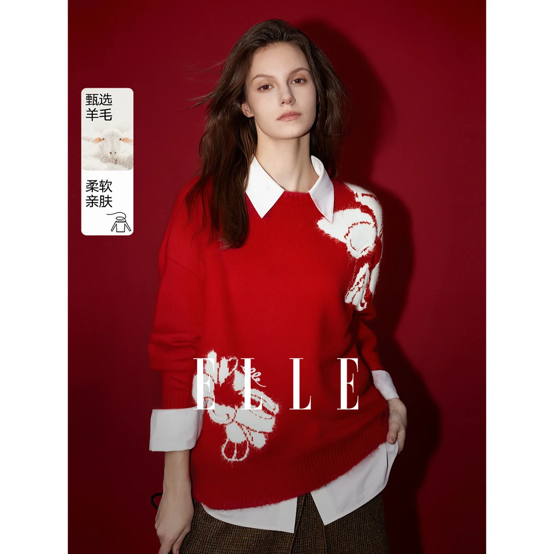 ELLE绵羊毛绣花套头红色毛衣女2024冬季新款宽松休闲设计EM40286
