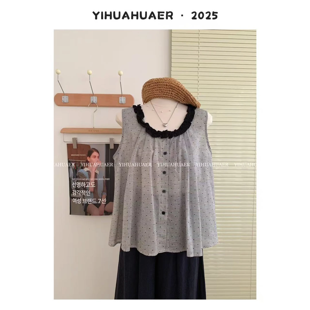 东大门韩系重工花边单排扣波点设计感背心小衫3394