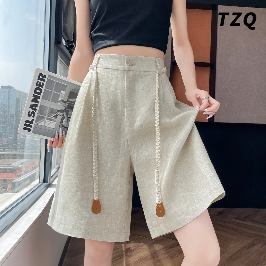 原麻色亚麻西装裤女2025年新款夏季轻薄外穿短裤阔腿裤TZQ2561150