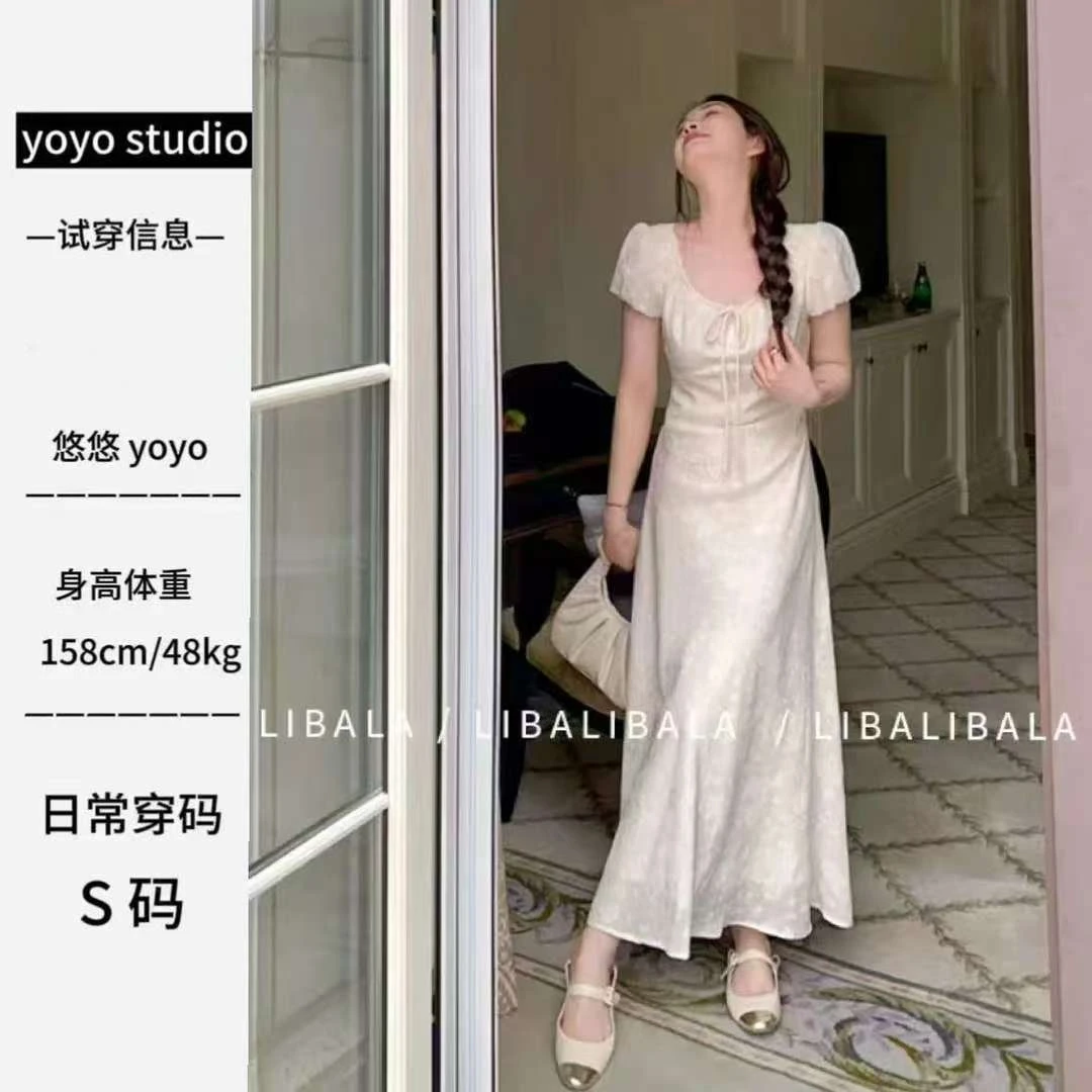 法式优雅提花抽绳连衣裙女气质茶歇裙温柔绑带