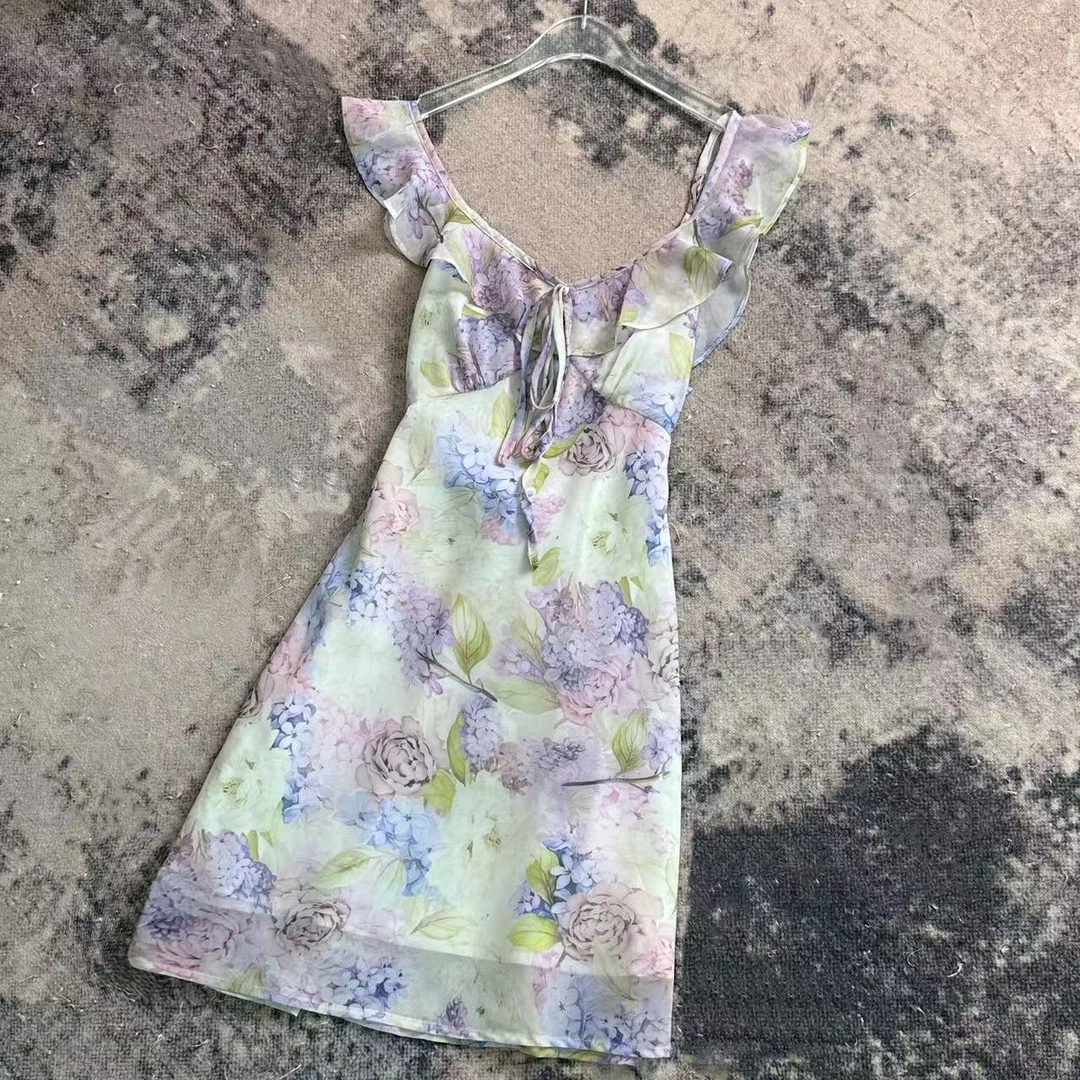 【莫奈花园】雪纺绣球定染印花荷叶边飘带连衣裙