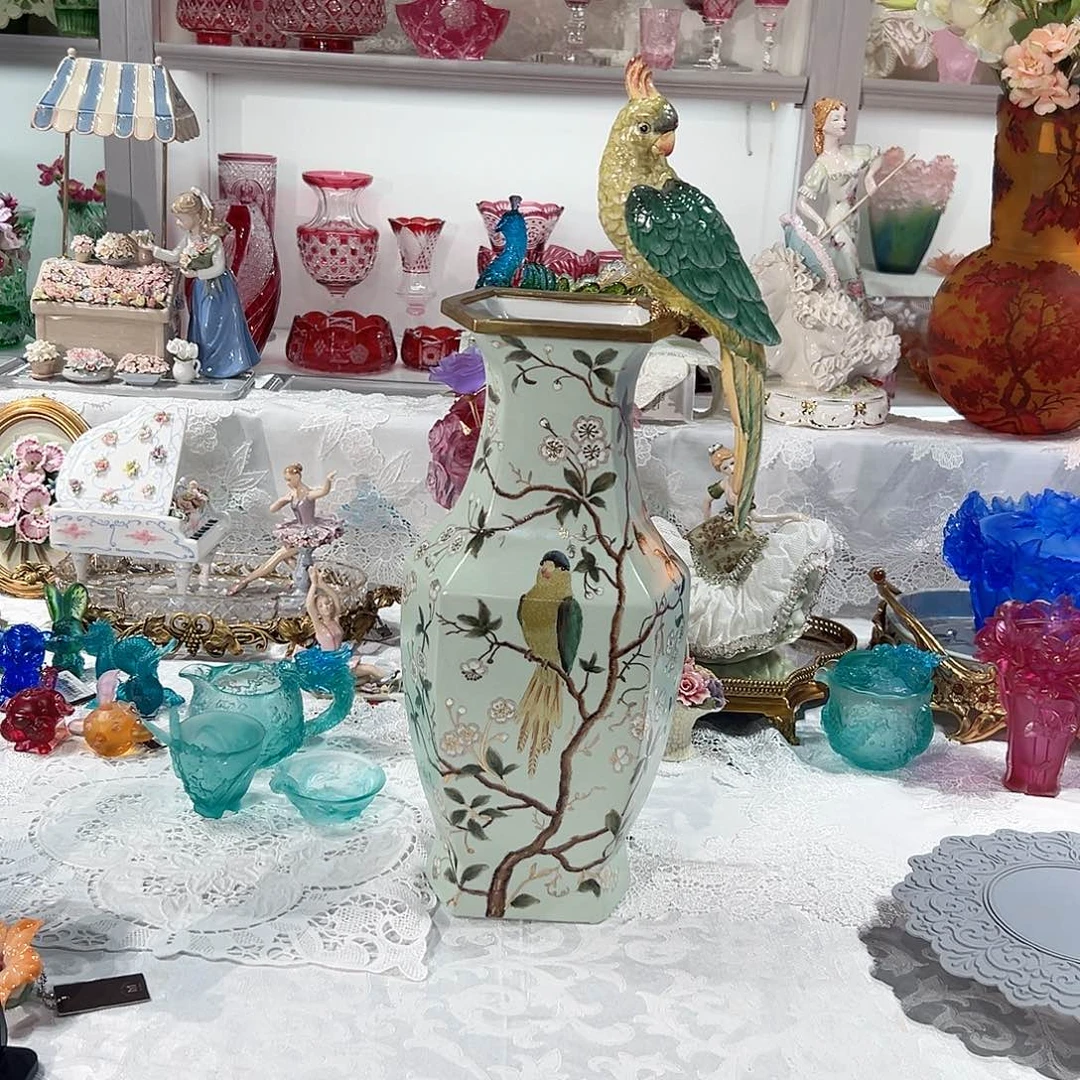 陶瓷F3124铜配瓷鸟语花香鹦鹉花瓶