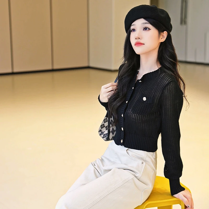 玛丝恩迪秋季新款圆领镂空黑色百搭长袖针织衫73999上衣春秋洋气