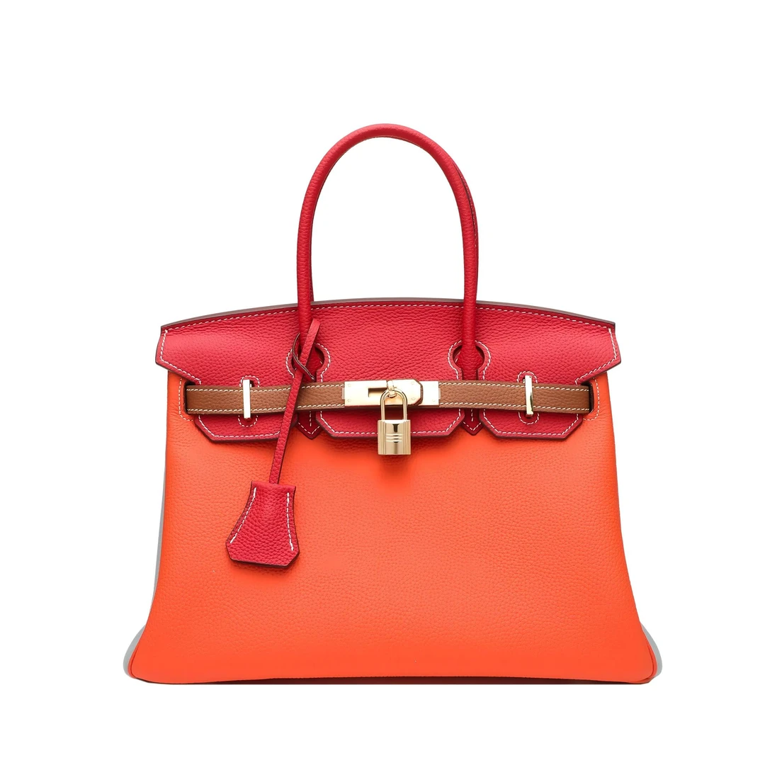 轻奢真皮拼色名媛风铂金手提包百搭时尚通勤风女士手拎包