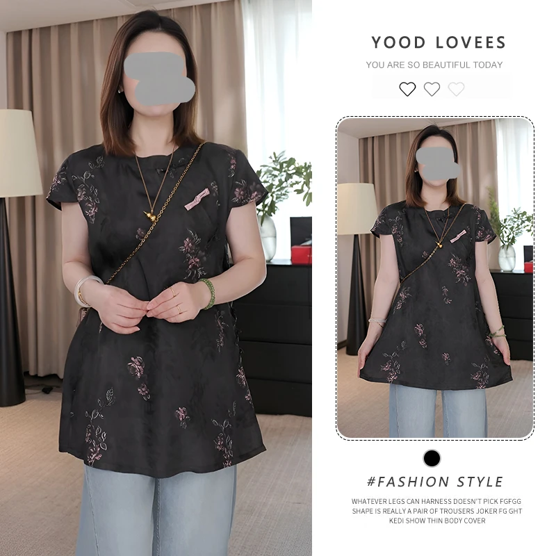 2025超火夏季衬衫女宽松慵懒风新国风新中式黑色碎花短袖减龄上衣