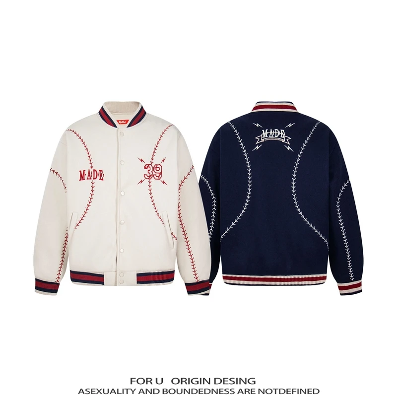 FOR U 原创国潮美式复古重磅刺绣夹棉棒球服男女秋冬季新款棉服