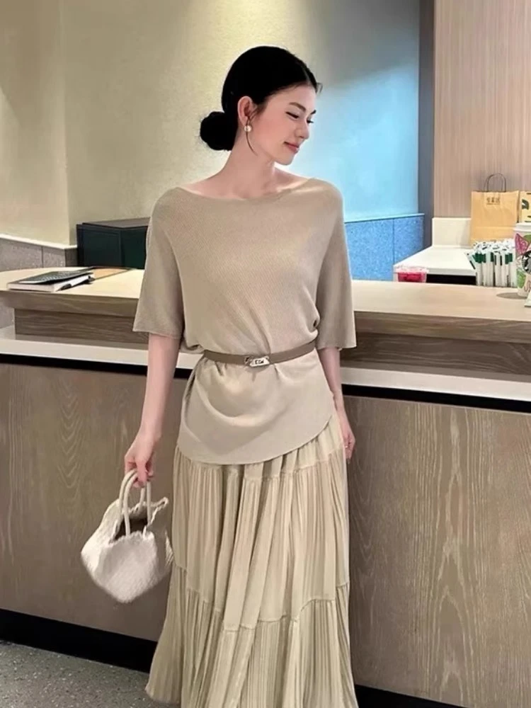 法式一字肩曲珠针织衫短袖T恤女夏季老钱风穿搭宽松露肩半袖上衣