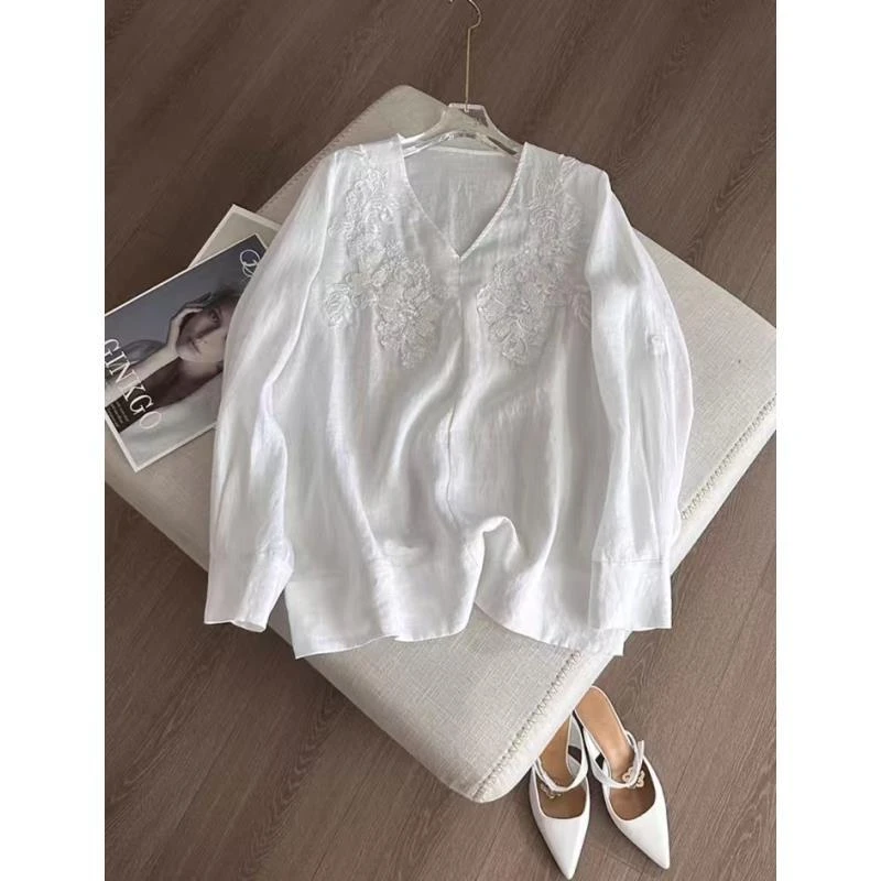 【芳姐】女装夏日潮流复古宽松亚麻白衬衫Q24-12