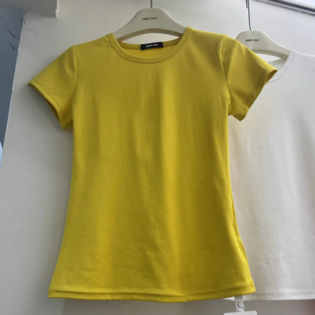 修身型短款短袖圆领极简风T恤螺纹高弹力常规可爱风