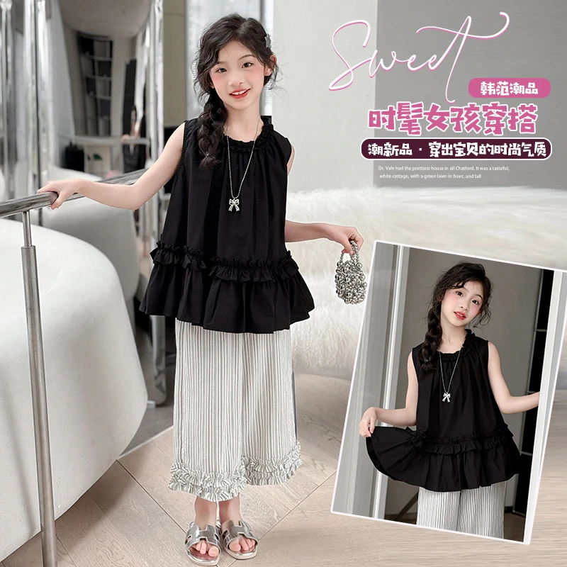 韩版女童无袖娃娃衫套装甜美洋气2025新款夏儿童时尚休闲裤两件套