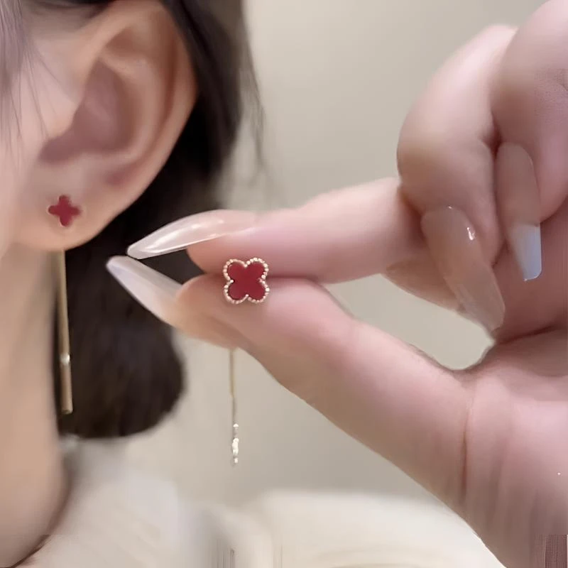 s925银针红色四叶草耳线女气质高级感流苏耳坠小众设计轻奢耳饰潮