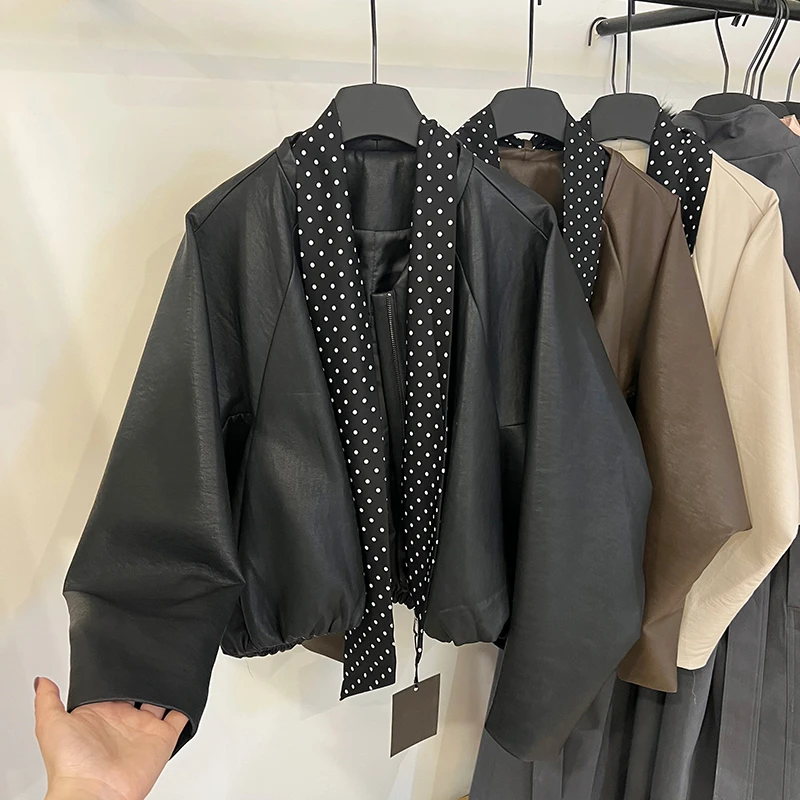 短款皮衣女2025新款春季配波点飘带宽松蝙蝠袖上衣蛋白皮夹克外套