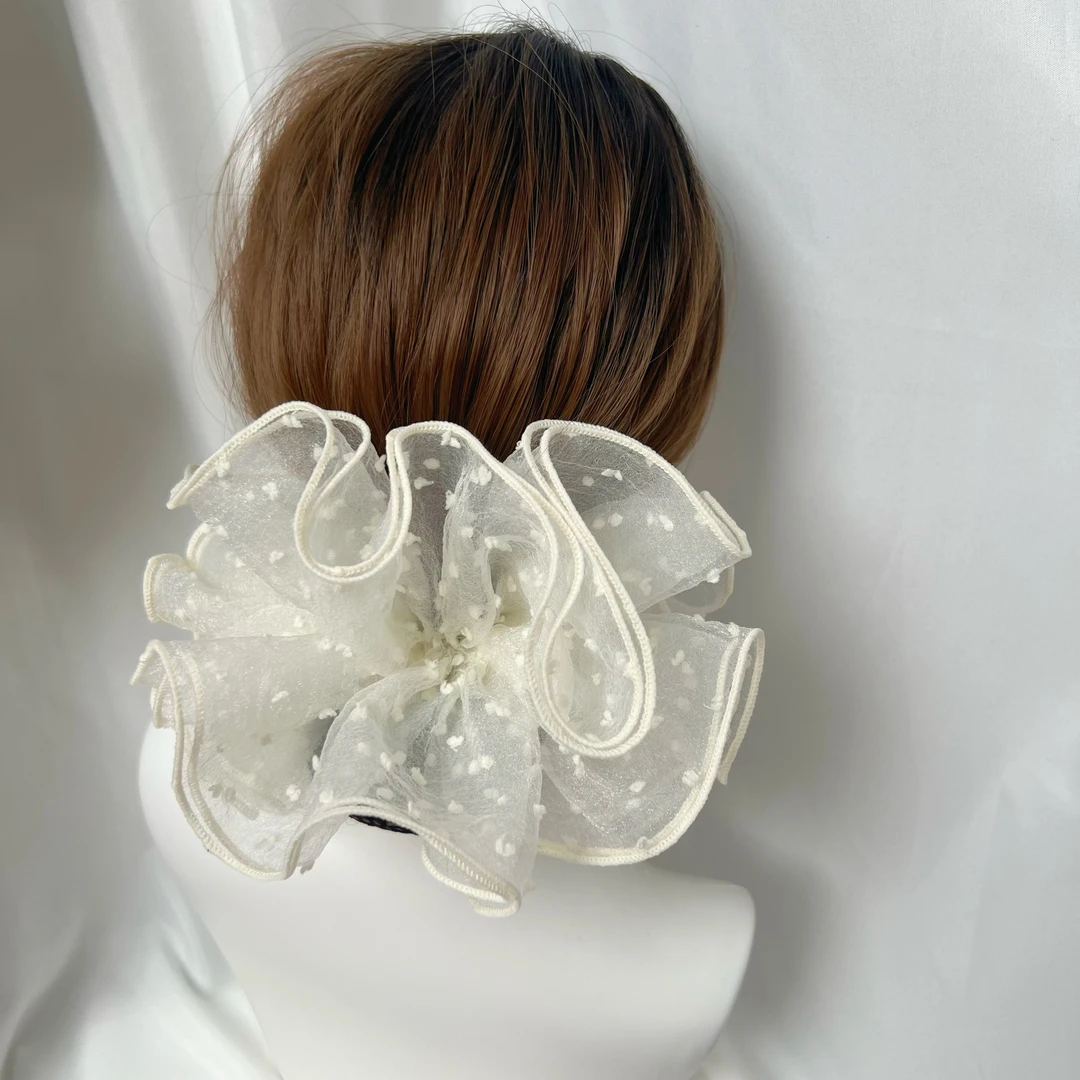 新款4层纹理印花波点网纱发圈女头绳慵懒风春夏款丸子头发绳头饰