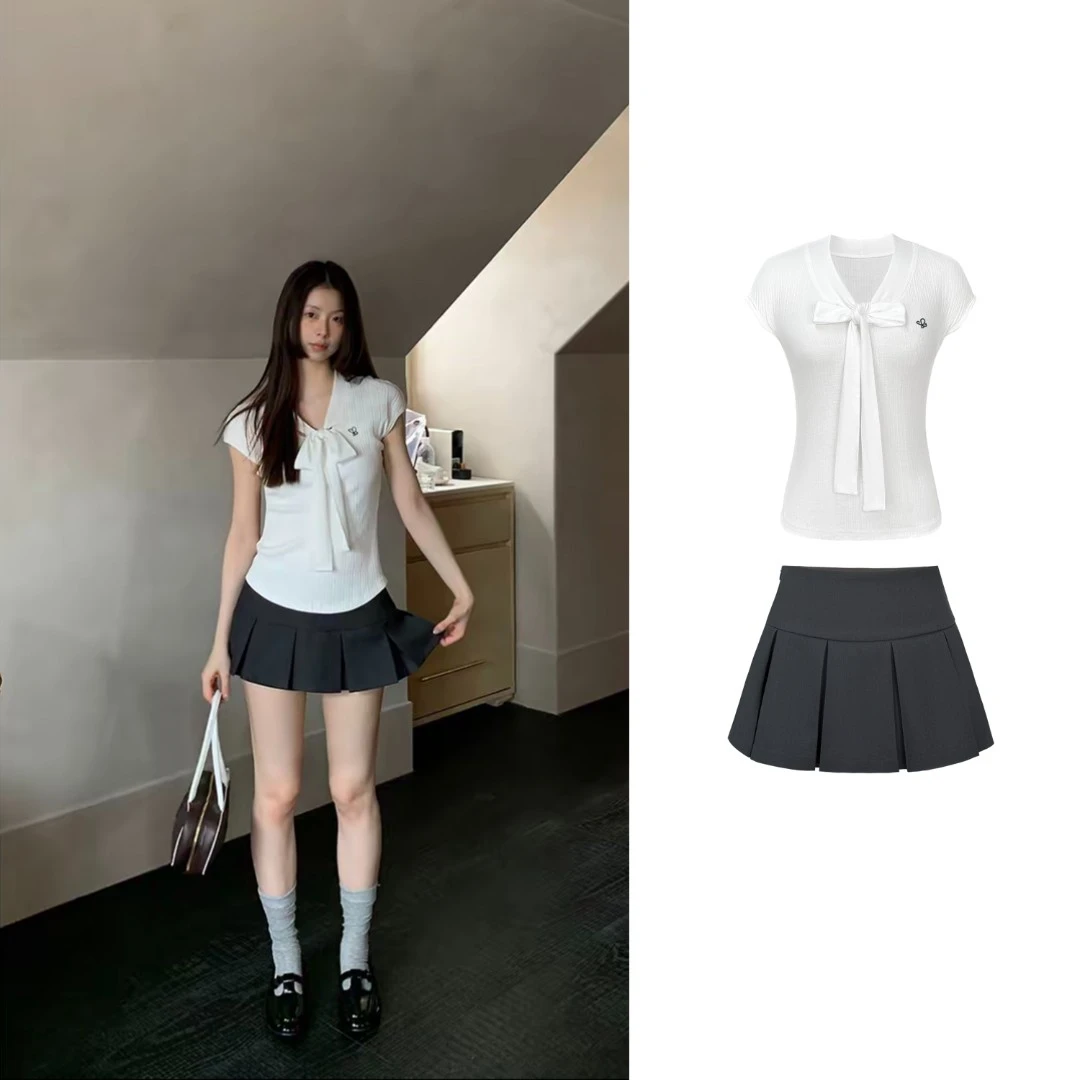 【摩卡手稿】夏季韩系V领气质系带显瘦设计感T恤+百褶半身裙C 8863#