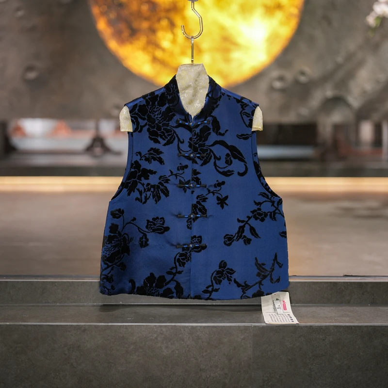 蓝大【玄霄】桑蚕丝对襟立领马甲6723