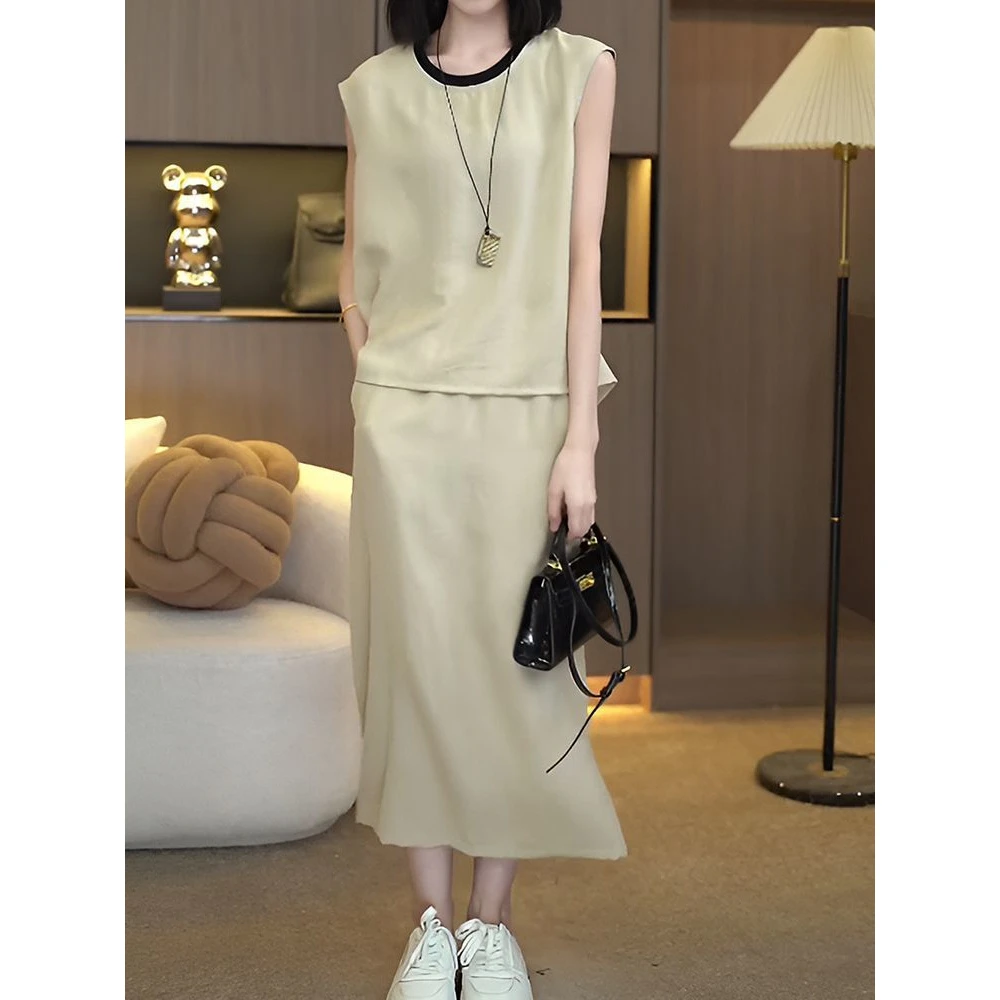时尚套装女2025新款夏季宽松显瘦无袖衬衫纯色开叉半身裙两件套