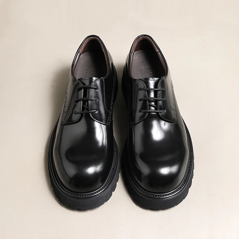 高档德比大头厚底男士休闲皮鞋真皮增高黑色亮皮结婚鞋770606