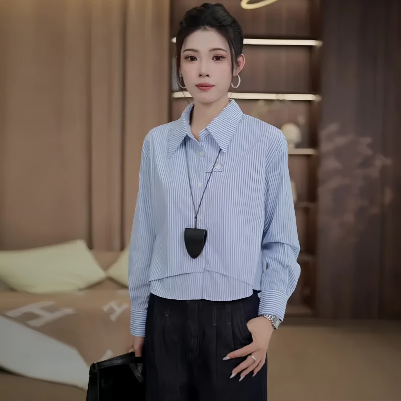 法式气质条纹polo领长袖衬衫女2025秋冬新款减龄洋气百搭显瘦上衣