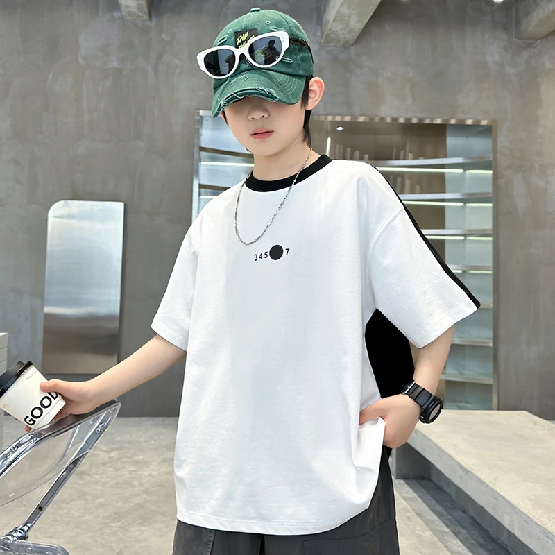 童装儿童黑白撞色夏季短袖T恤中大童男童夏装韩版洋气帅气衣服潮