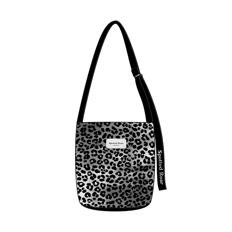 艺术鸭原创黑灰调豹纹飘带多用水桶单肩斜跨手提小众通勤包