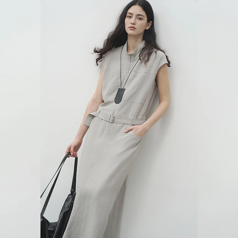 半圆天丝亚麻女装[文艺]2025夏季直身显瘦小立领连衣裙女25525615