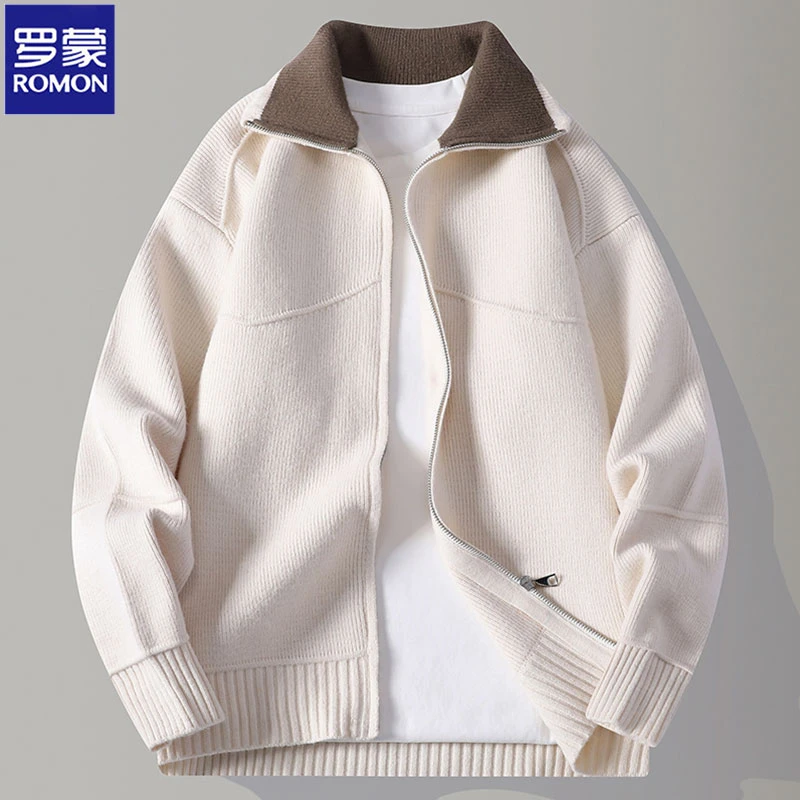 Romon/罗蒙秋冬宽松百搭韩版男士纯色开衫毛衣针织加绒秋季上衣潮