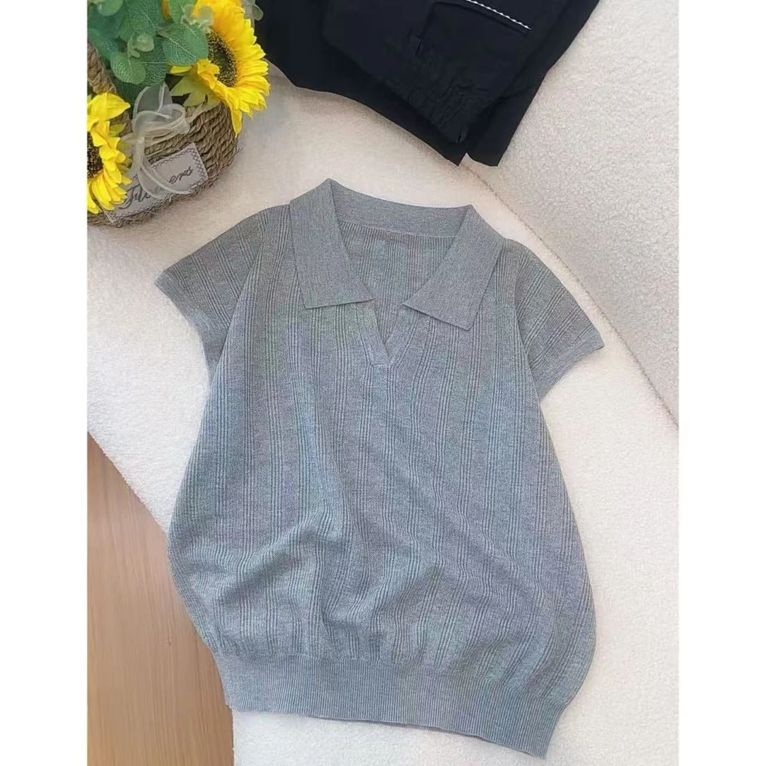 丽丽家~素雅短袖时尚休闲百搭夏季纯色翻领上衣