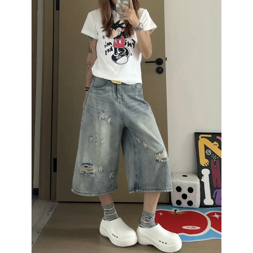 大码美式水洗破洞七分牛仔裤女夏季新款复古宽松显瘦百搭直筒裤子