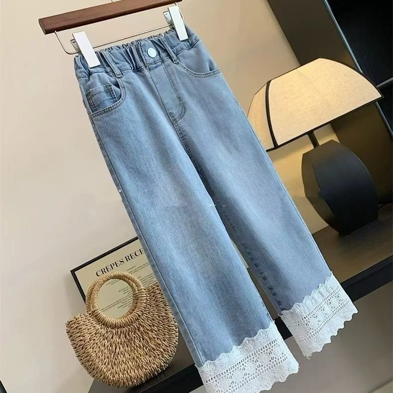 女童牛仔裤春秋2025新款洋气儿童裤子女孩中大童拼接蕾丝花边长裤