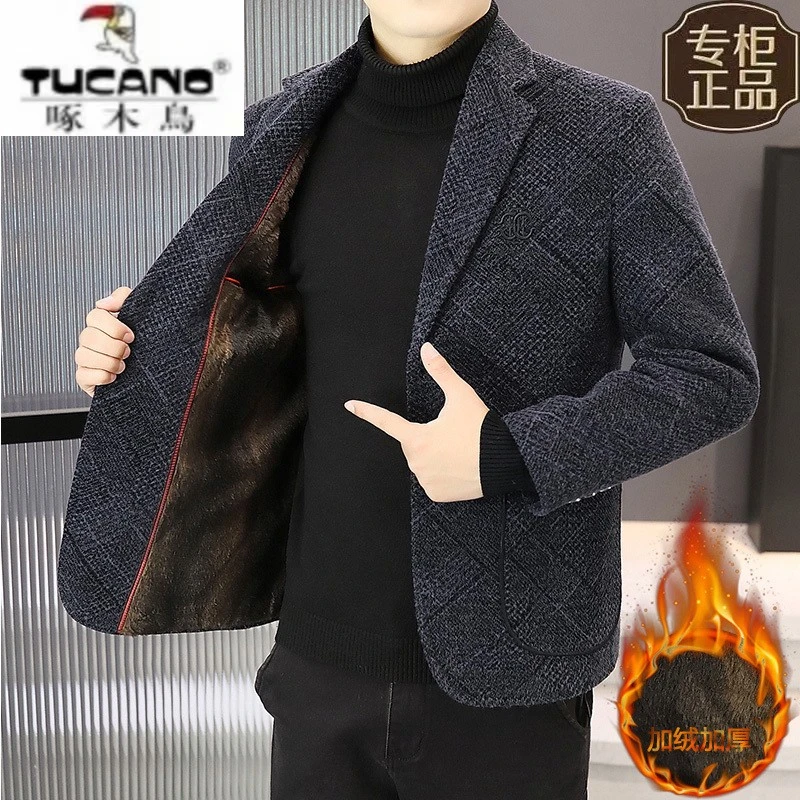 啄木鸟加绒加厚西服男冬季新款上衣男士休闲毛呢子西装外套