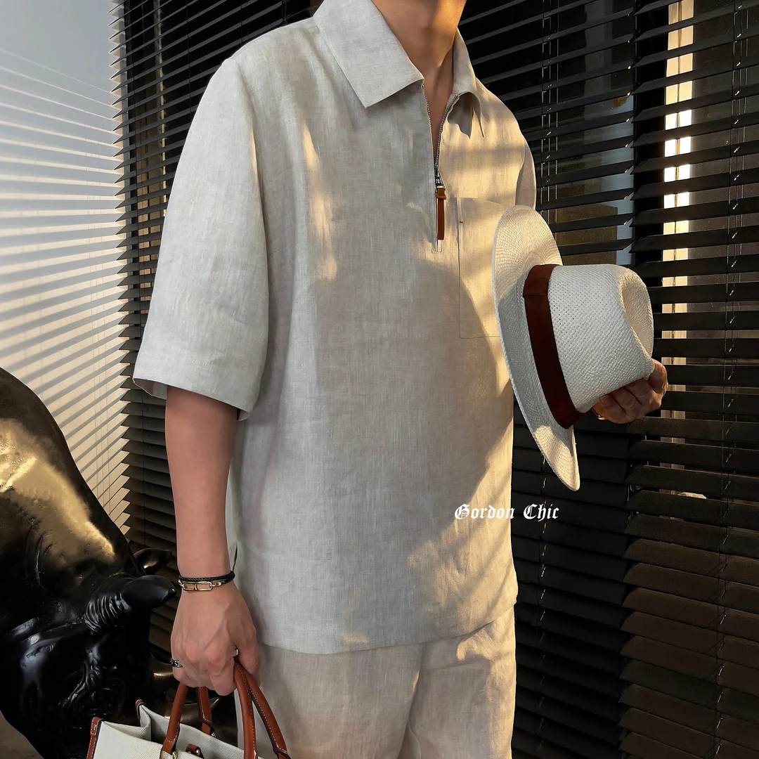 GordonChic 夏季男士纯欧麻拉链半开襟衬衫短袖翻领上衣25193