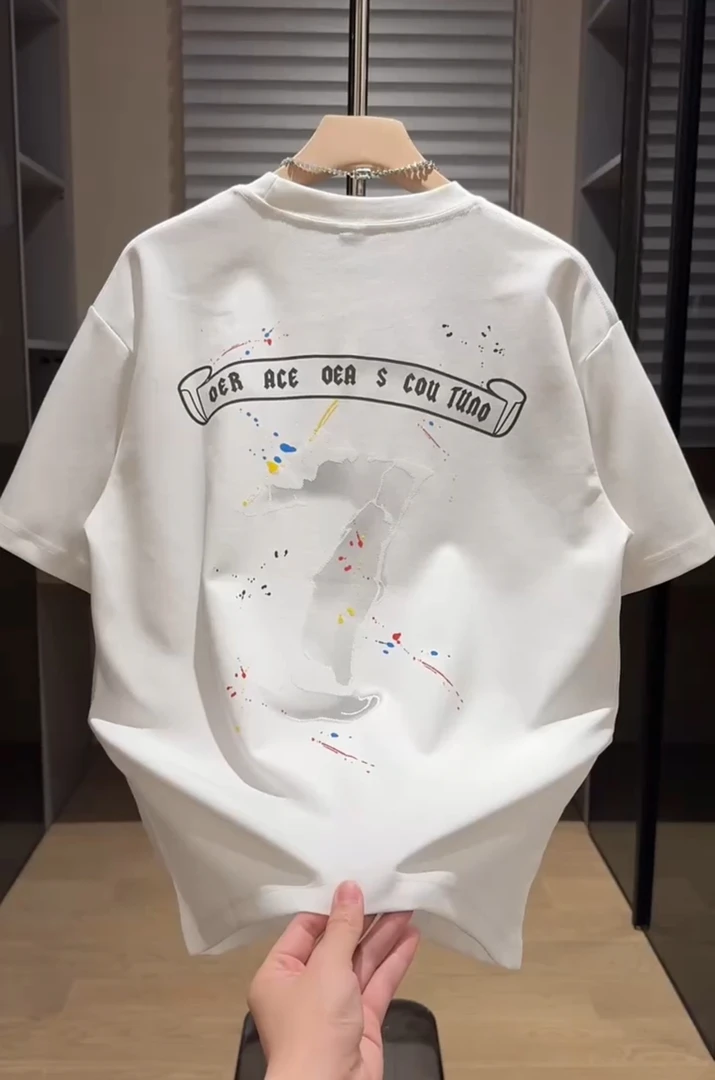 2025夏季男士时尚纯棉数字印花短袖t恤男潮牌圆领休闲百搭半袖衫