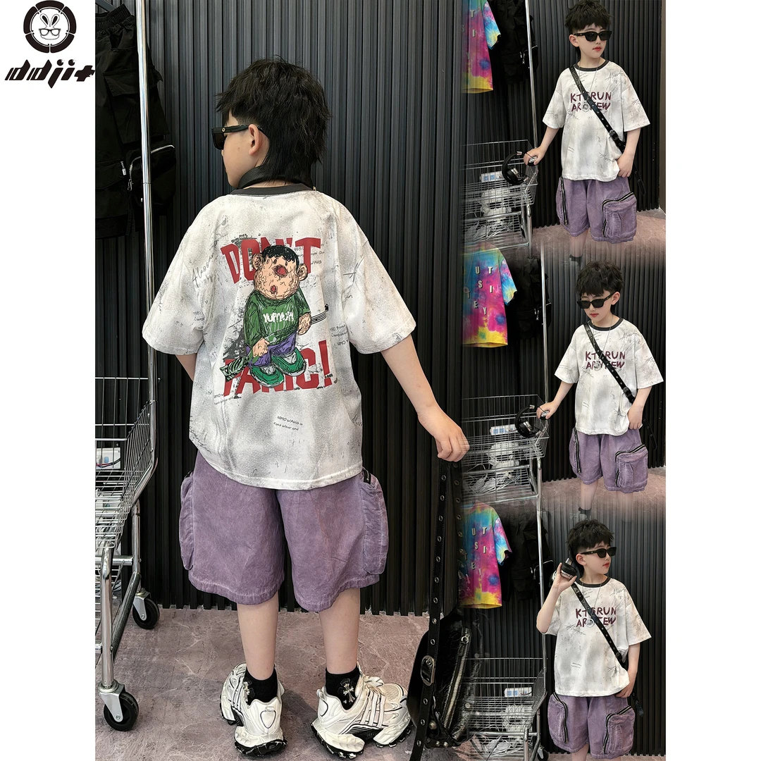 蛋蛋家【童年回忆】夏款时尚街头男童花灰色背面胖虎印花短袖T恤