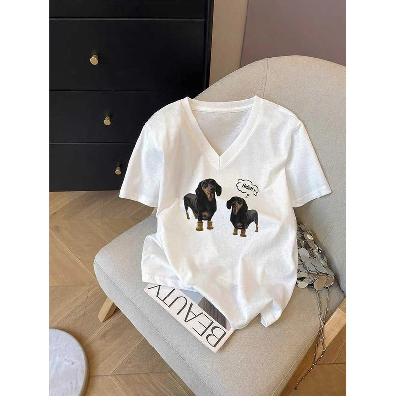 欧货雪花棉v领短袖女t恤夏2025新款显瘦休闲百搭洋气时尚白色上衣