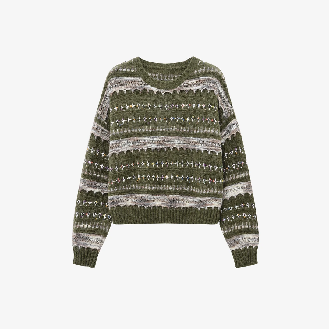 【糖豆】长袖针织时尚女士条纹圆领秋冬套头毛衣--JKK001308