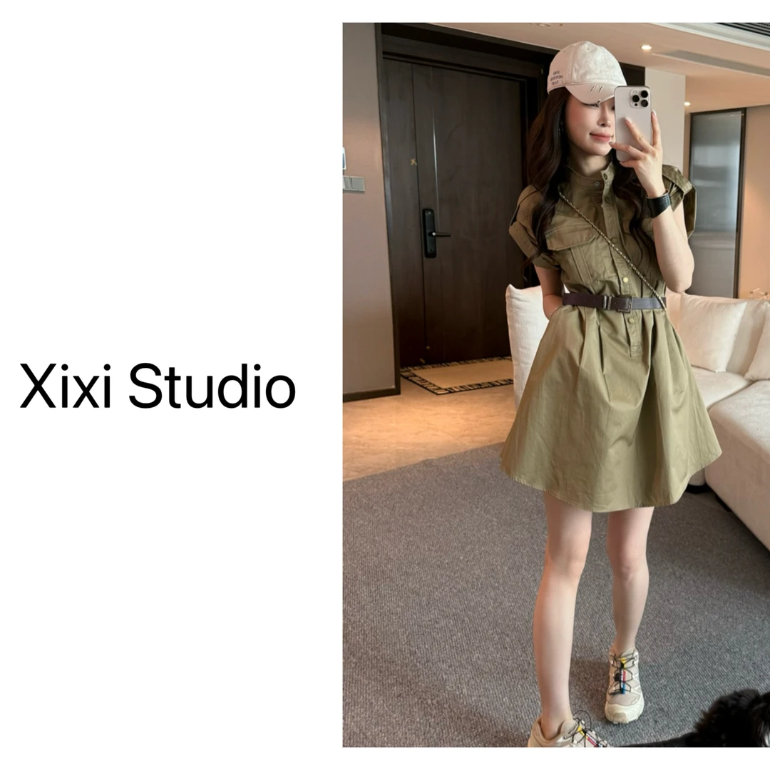 【西西】卡其色高级感短袖收腰连衣裙