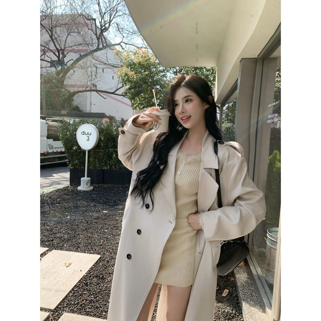 城市漫步 高级感气质白色双排扣长款风衣女秋季时尚百搭休闲大衣