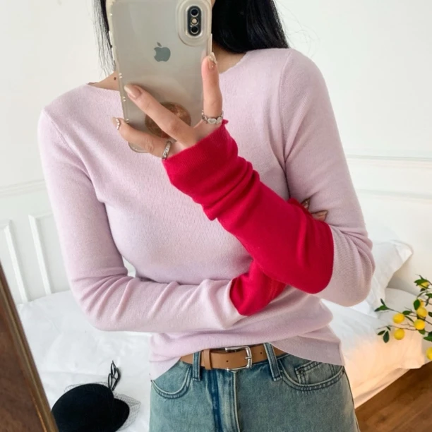 100%羊毛25秋冬新款天鹅领毛打底衫长袖内搭高级感袖口拼接针织衫