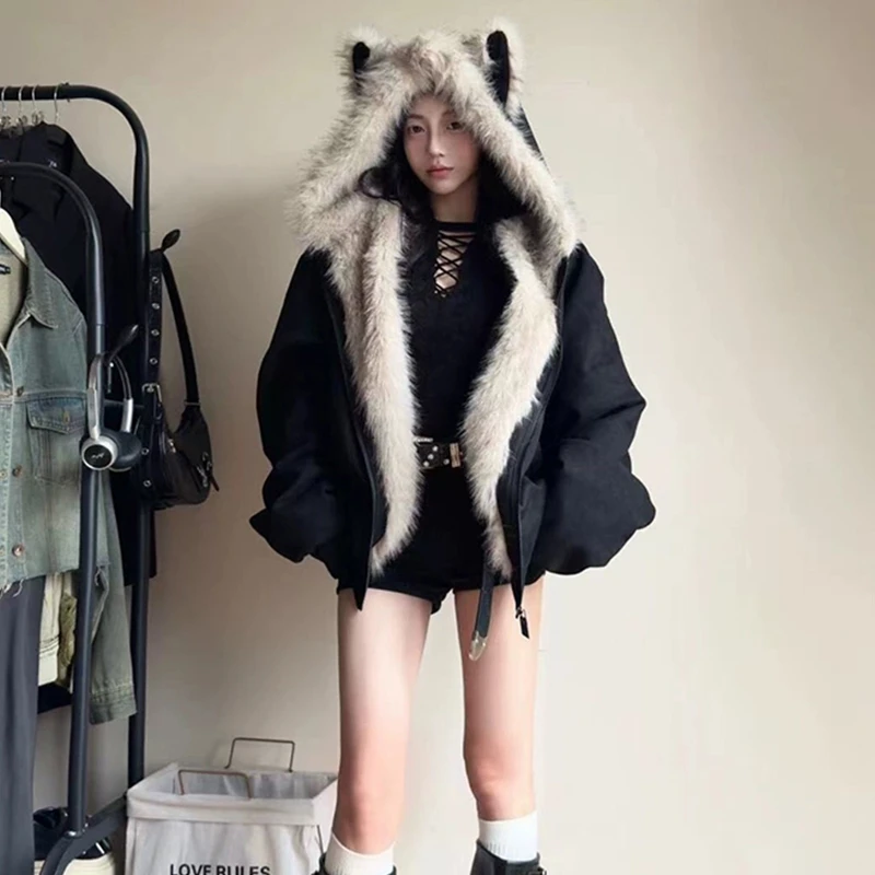 2025秋季新款韩版时尚高级感毛茸茸毛领棉衣外套小众洋气连帽外套