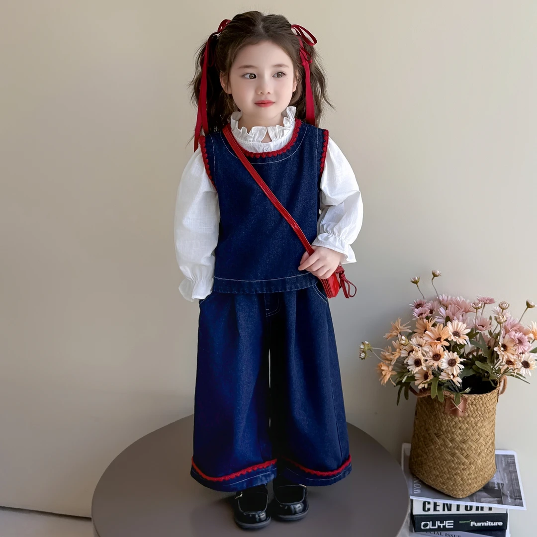 女童韩版春秋季阔腿裤牛仔套装女宝宝2025新款时髦三件套秋装森系