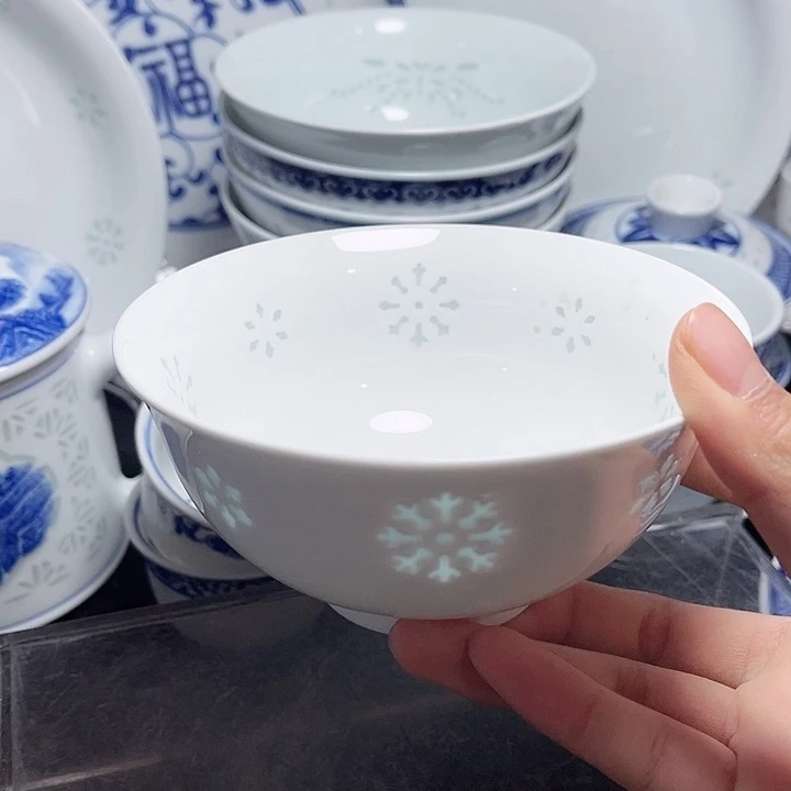 碗素玲珑雕塑雪花五寸饭碗12个