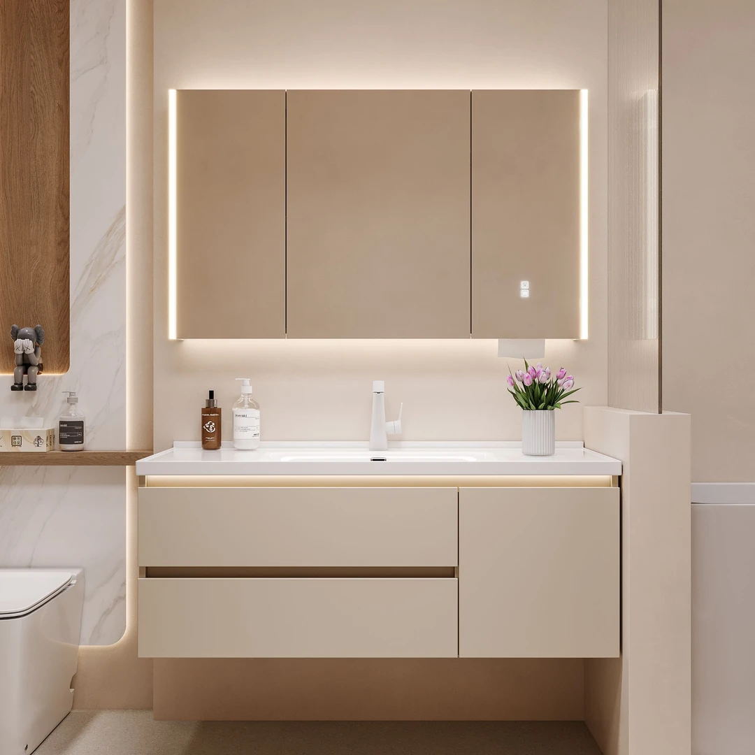 奶油风浴室柜组合陶瓷一体盆洗脸盆柜卫生间卫浴柜洗漱台镜柜