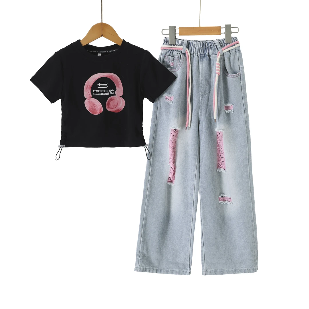 女童夏款印花耳机棉质T恤百搭粉色破洞牛仔裤中大童休闲学生套装
