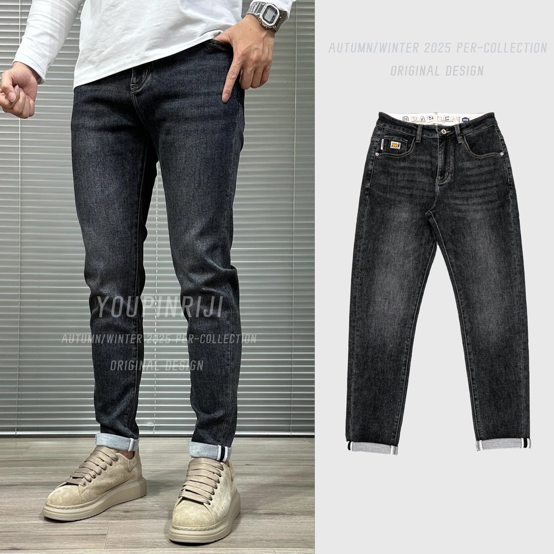 新款美式小直筒弹力牛仔裤复古灰怀旧休闲男窄脚紧修身型爆M27